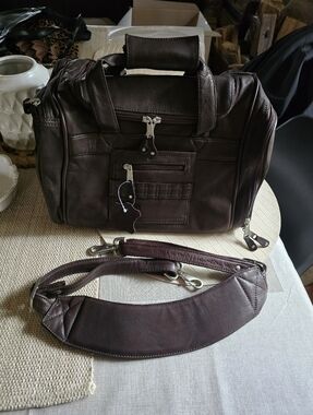 Small Unisex Genuine Leather Duffle Bag - Dark Brown